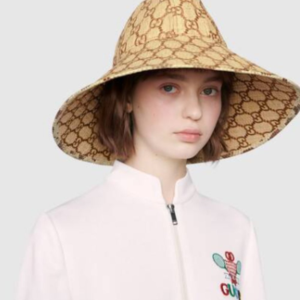 GUCCI Watersnake-trimmed embroidered raffia Hat
